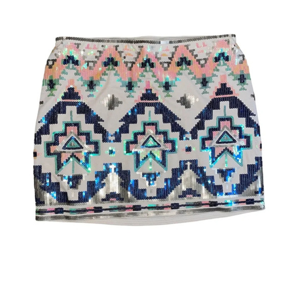 Express Aztec Sequin Tribal Cream Mini Skirt Size XS Colorful Boho Southwestern - Picture 7 of 7